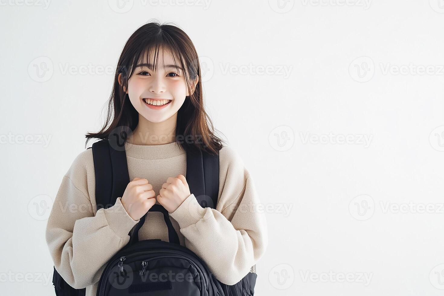Asian woman with backpack and smiling photo