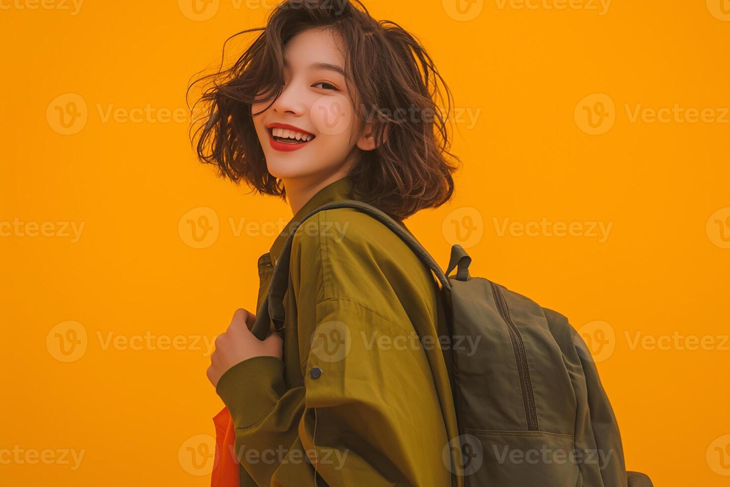 A woman with a backpack and a smile photo