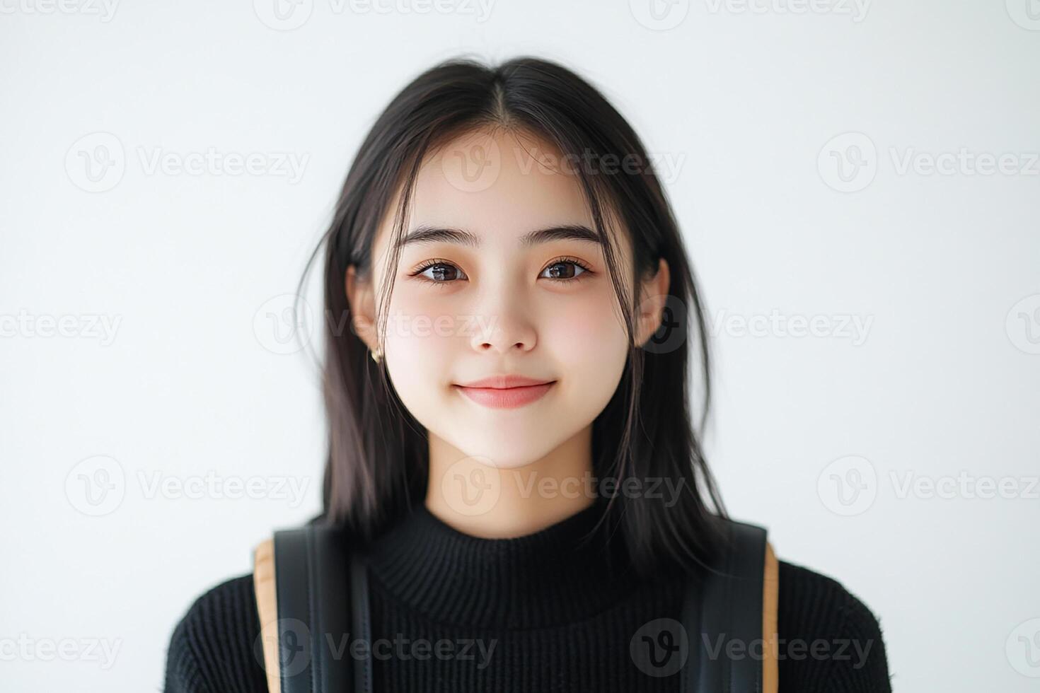 Asian woman with black sweater and backpack photo