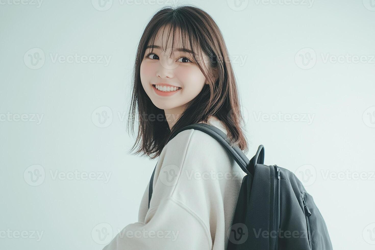 Asian woman with backpack smiling photo