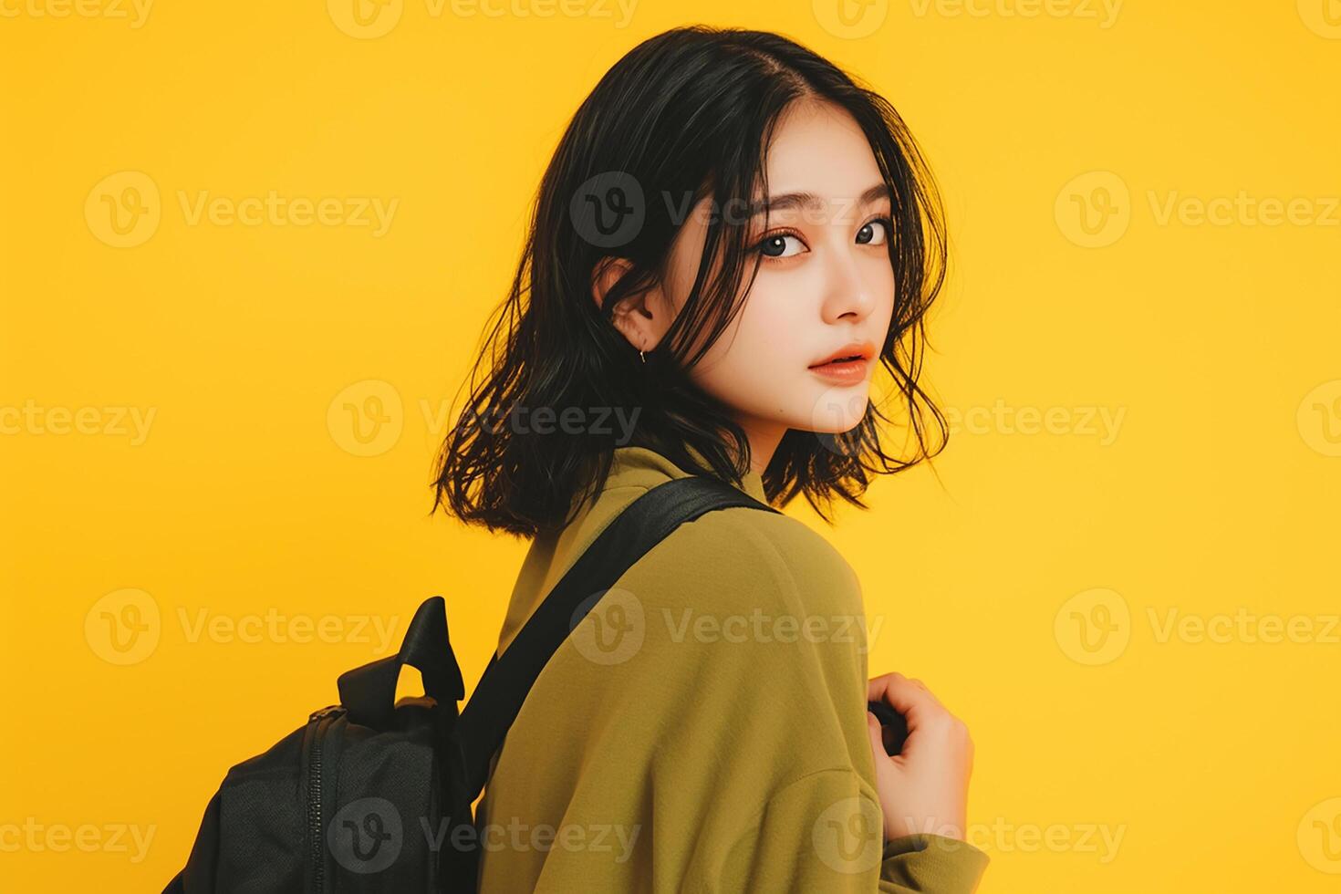 Portrait of young asian woman with backpack on yellow background photo