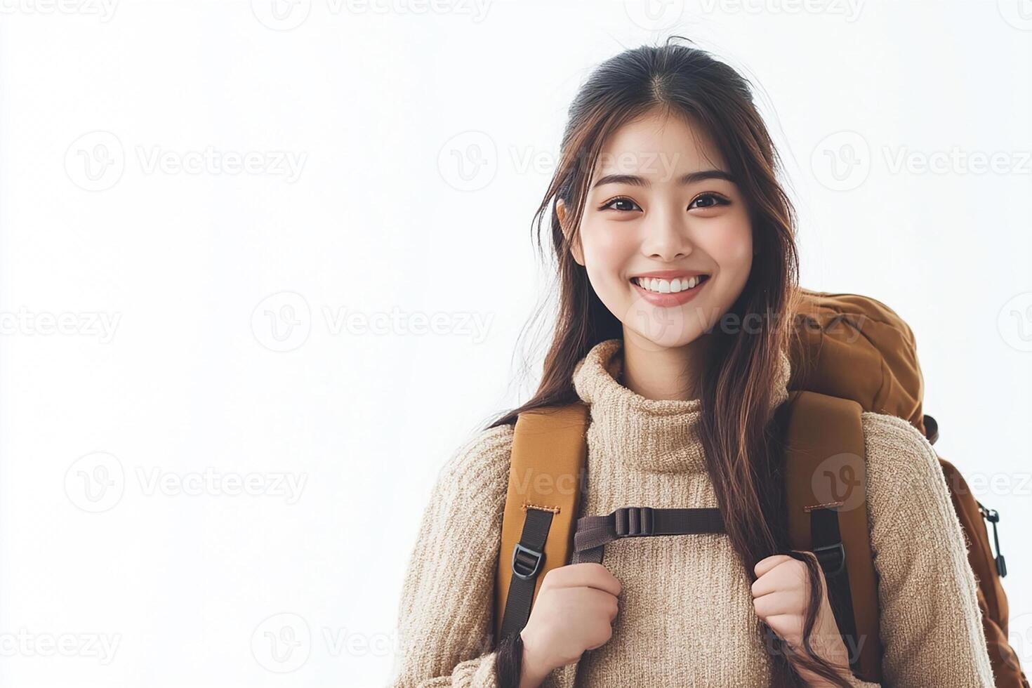 Asian woman with backpack smiling photo