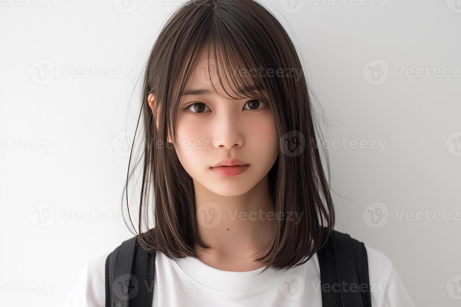A young woman with long hair and a backpack photo