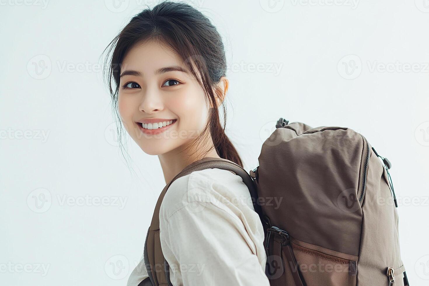 A woman with a backpack smiling photo