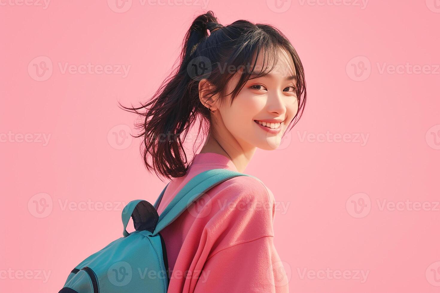 A woman with a backpack and pink shirt photo