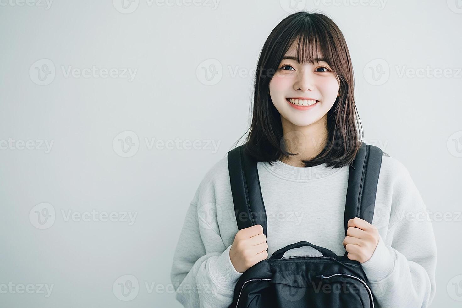 Asian woman with backpack smiling photo