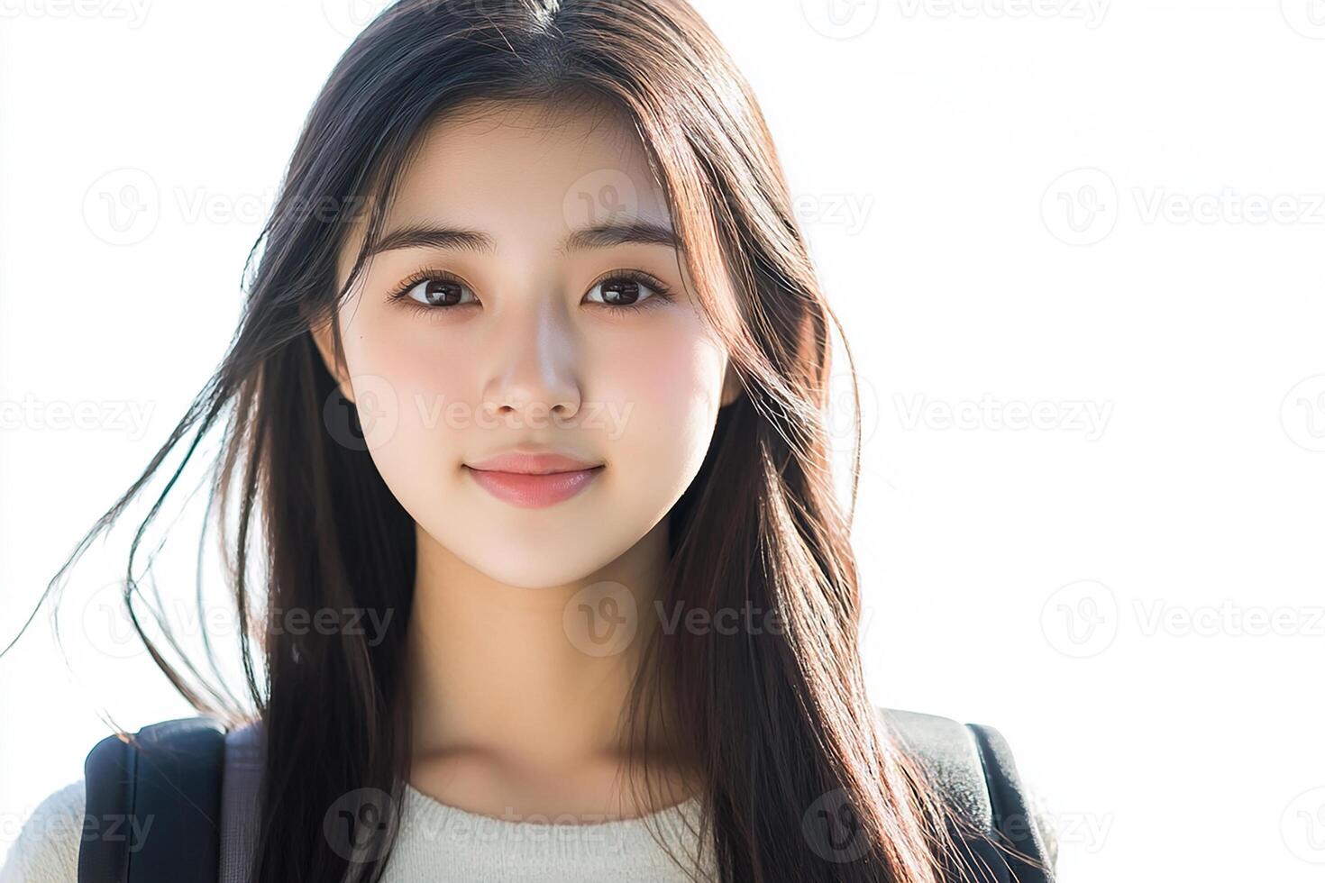 A beautiful young woman with long hair and a backpack photo
