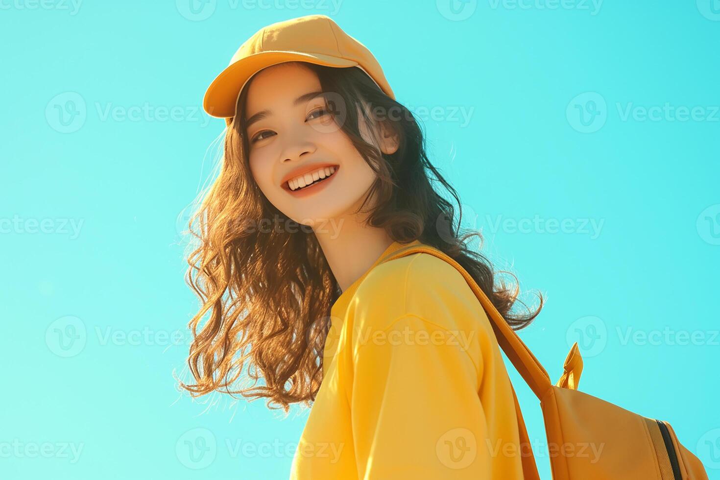 A woman in a yellow shirt and hat smiles photo