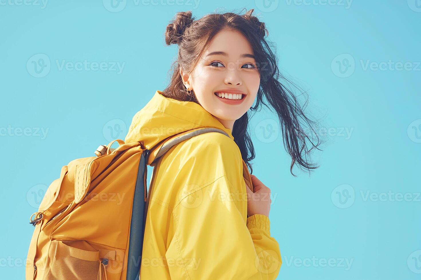 A young woman in a yellow jacket and backpack photo