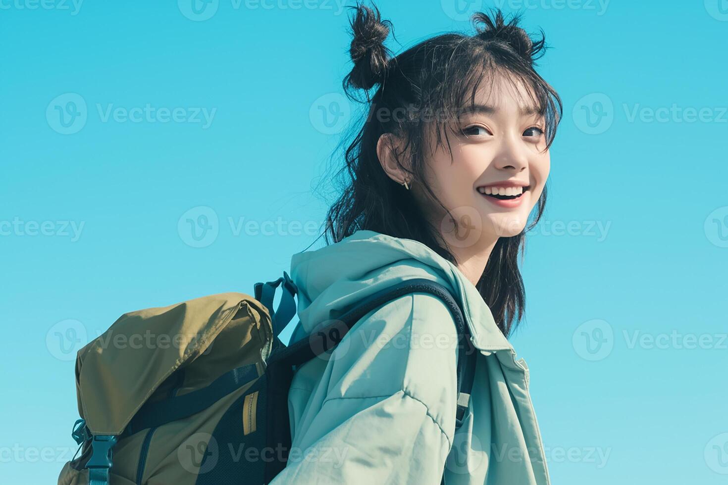 A young woman with a backpack and a smile photo