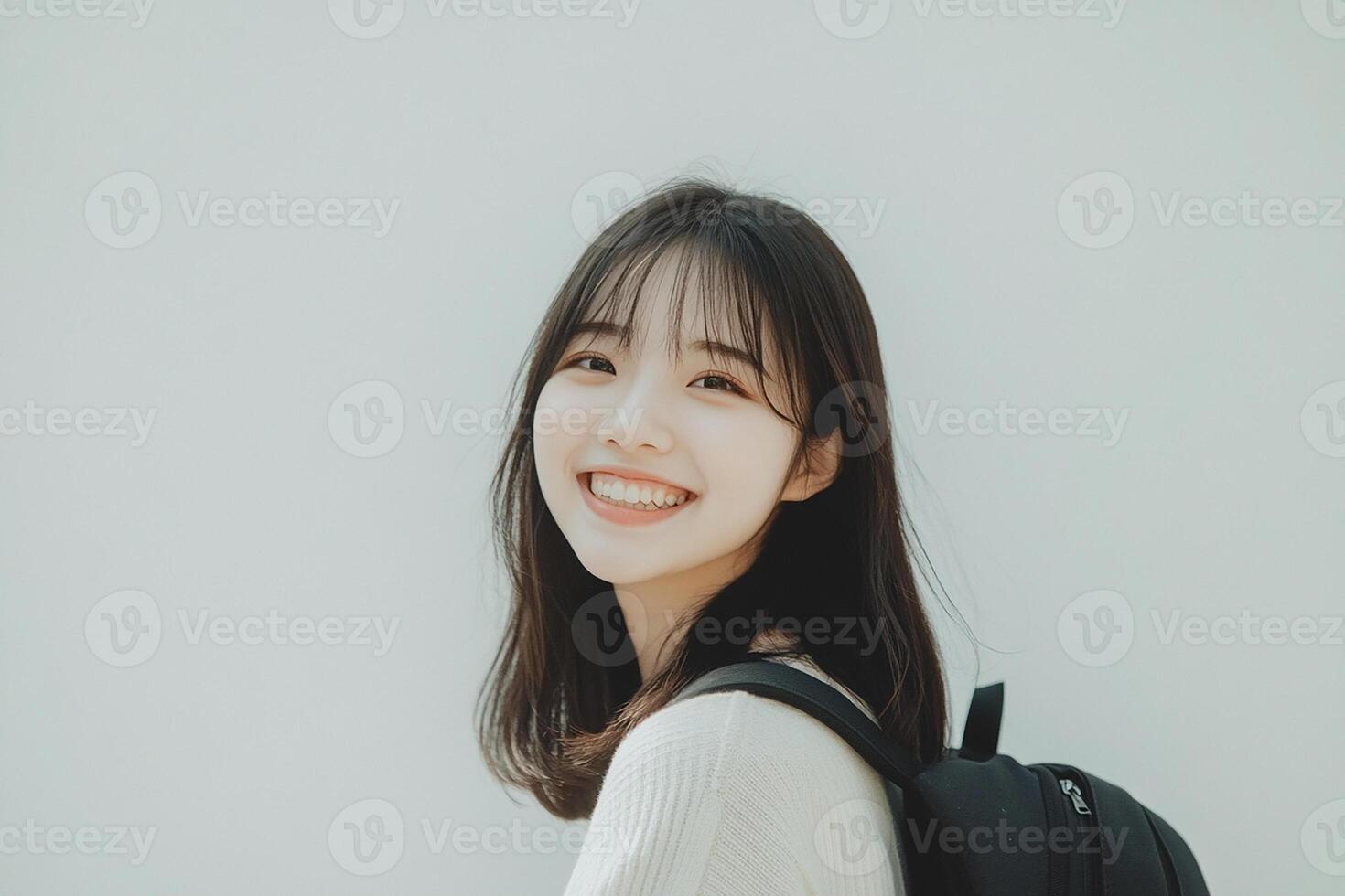 Asian woman with backpack smiling photo