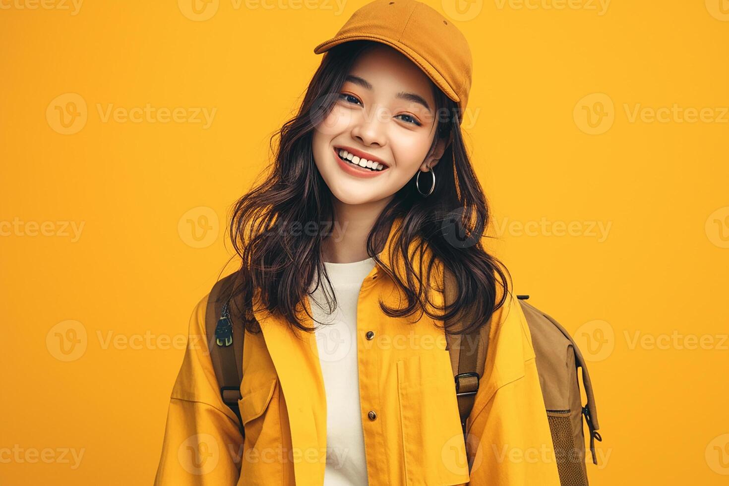 Portrait of asian girl wearing yellow jacket and hat on yellow background photo