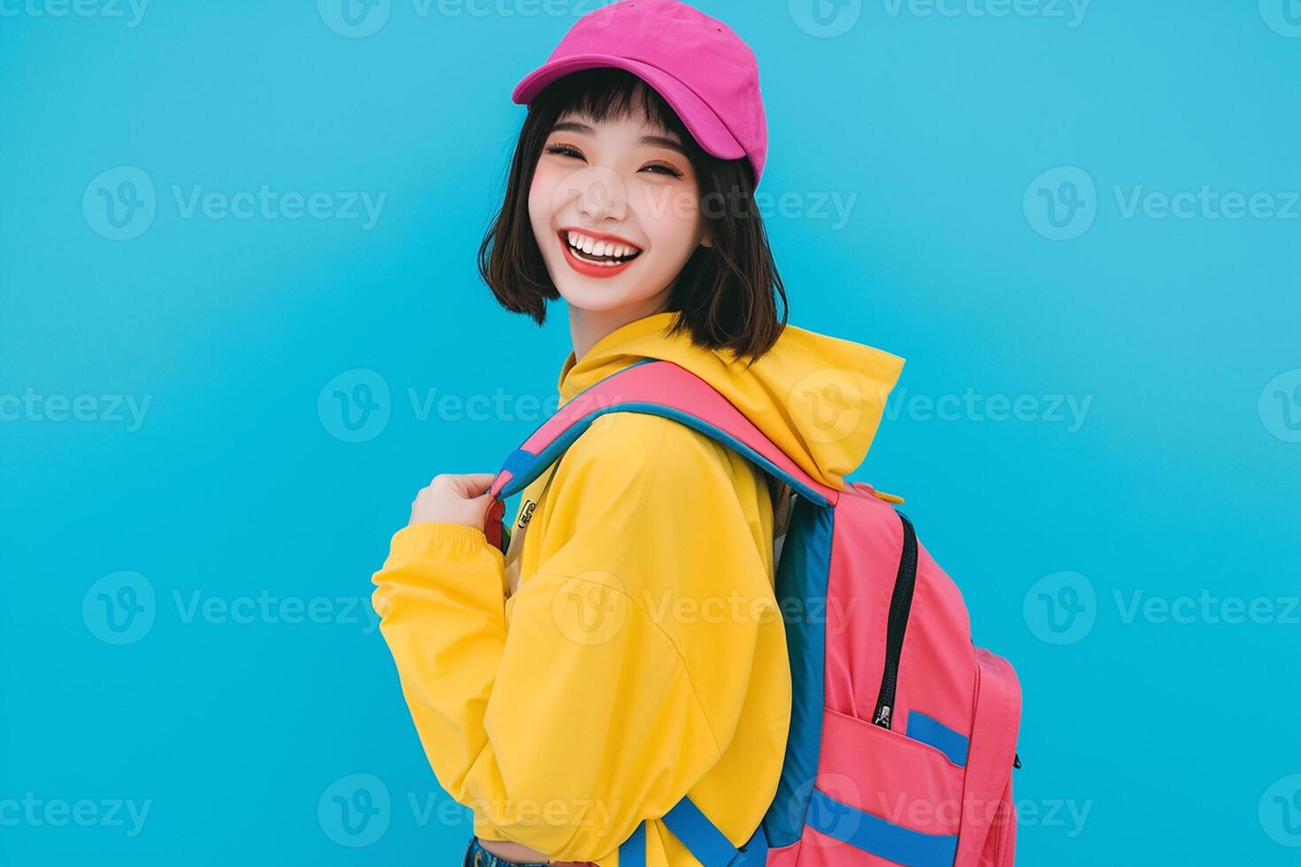 A young woman in a pink hat and yellow jacket with a backpack photo
