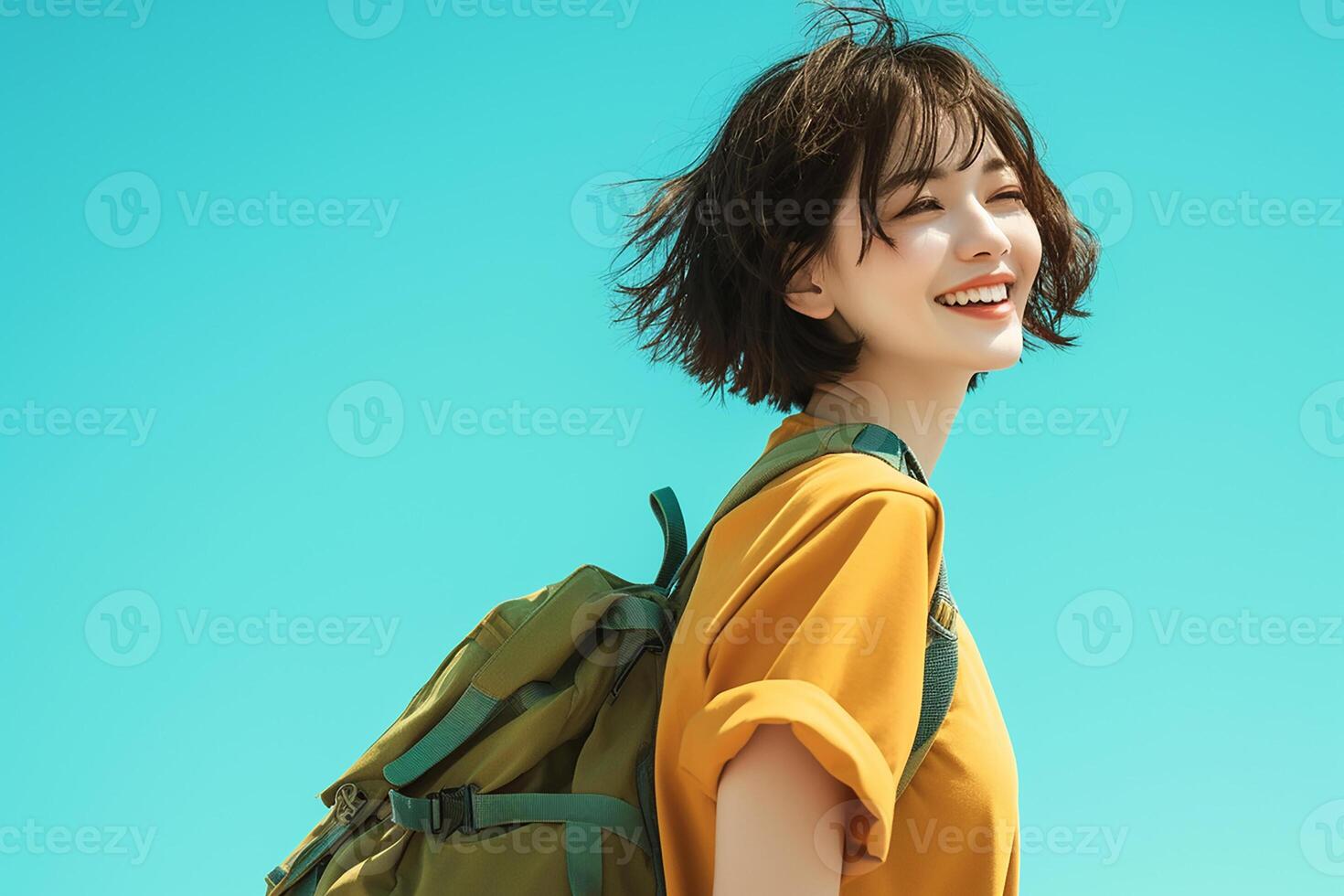 A woman with a backpack and a smile photo