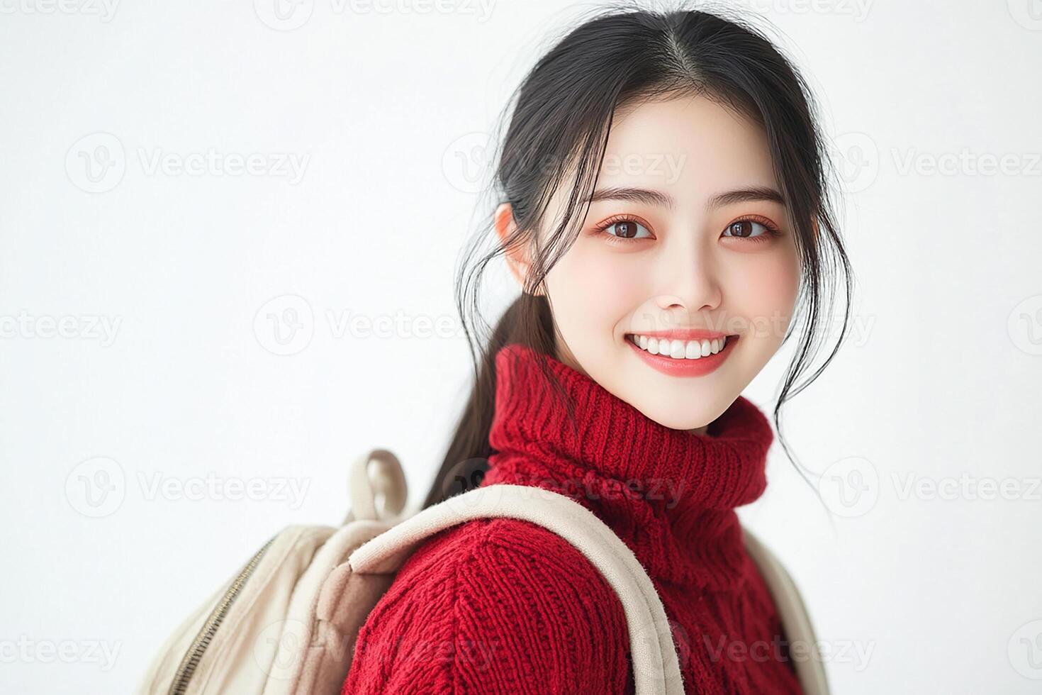 A young woman in a red sweater and backpack photo