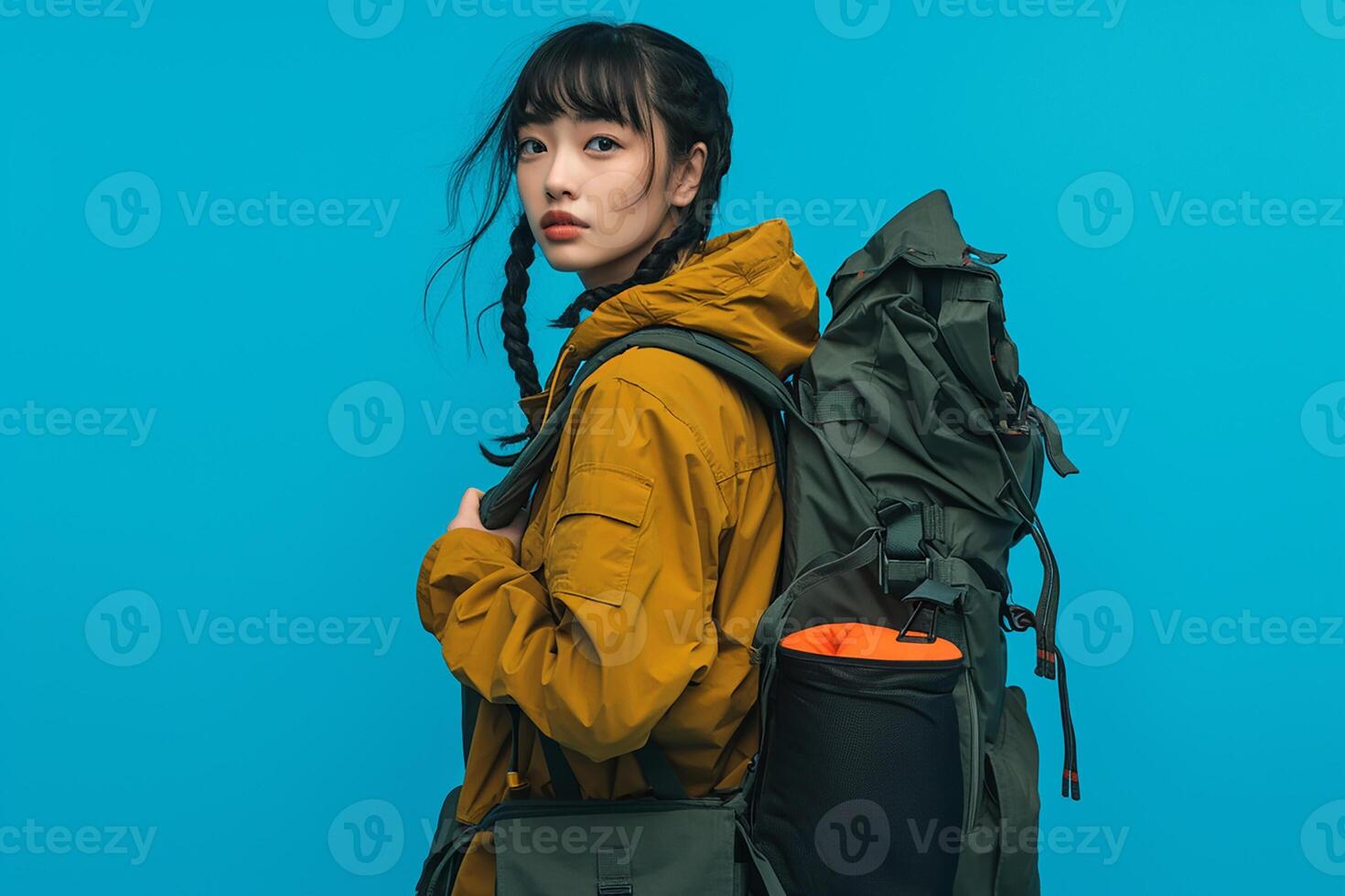 A woman with a backpack on a blue background photo