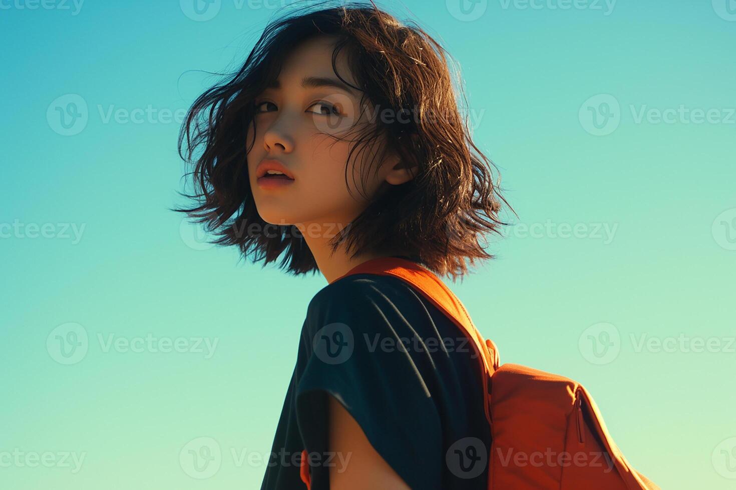 A woman with a backpack standing in front of a blue sky photo