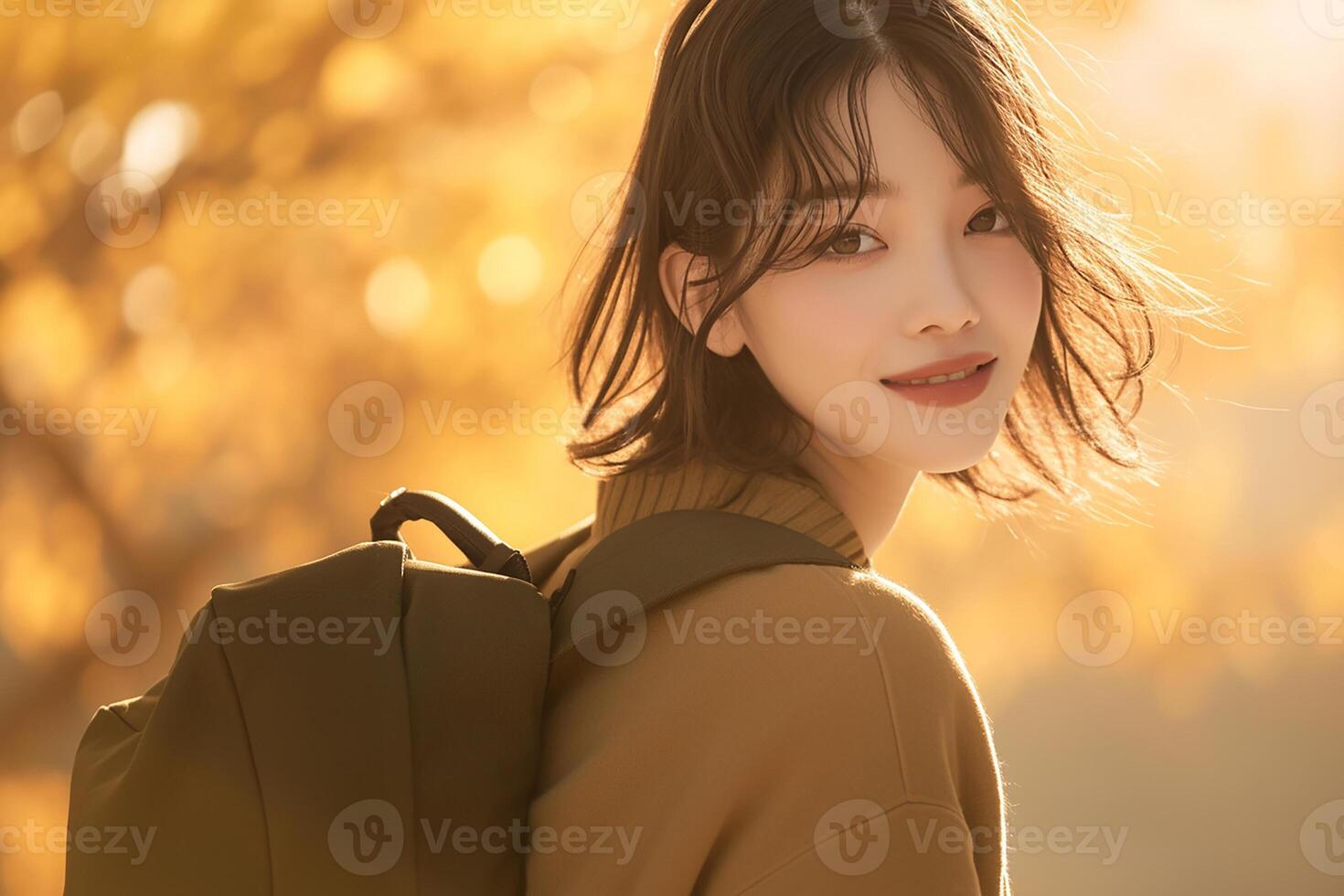 A woman with a backpack in the fall photo