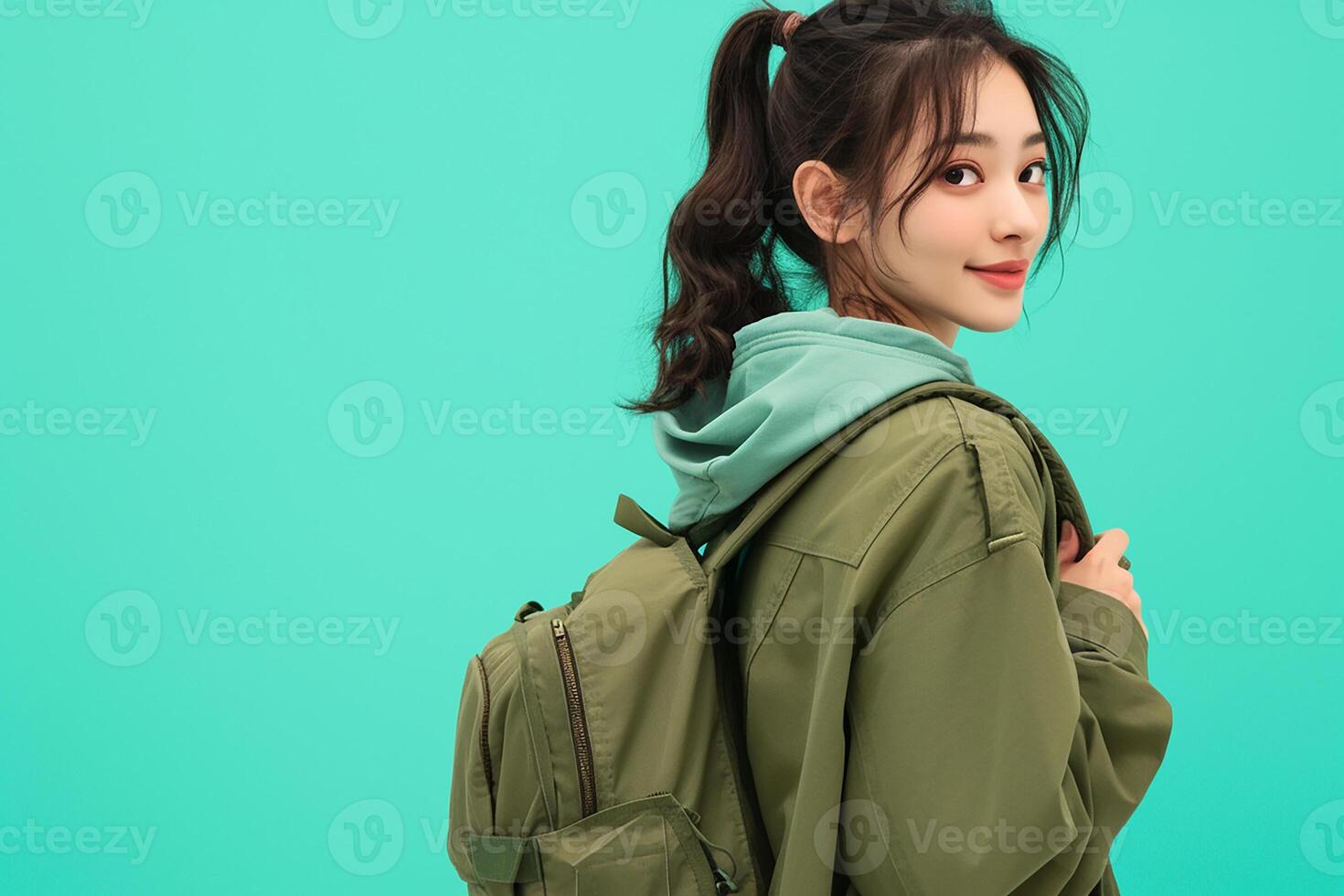 Portrait of young asian woman with backpack on blue background photo