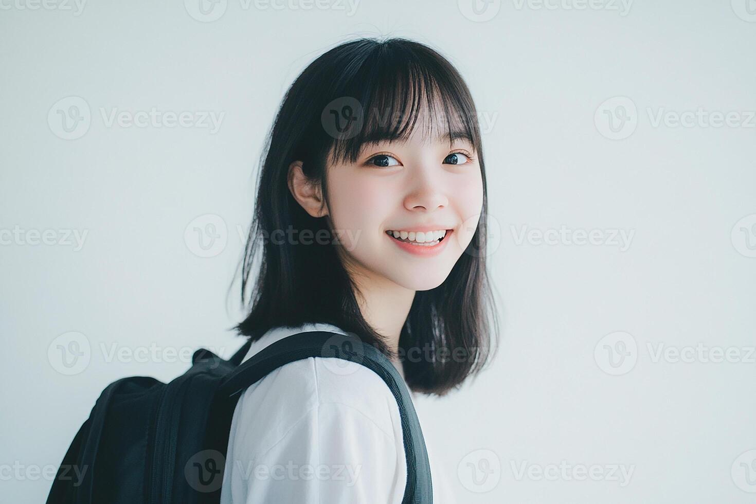 Asian girl with backpack smiling photo
