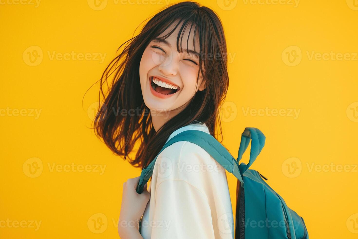A woman with a backpack and a smile photo