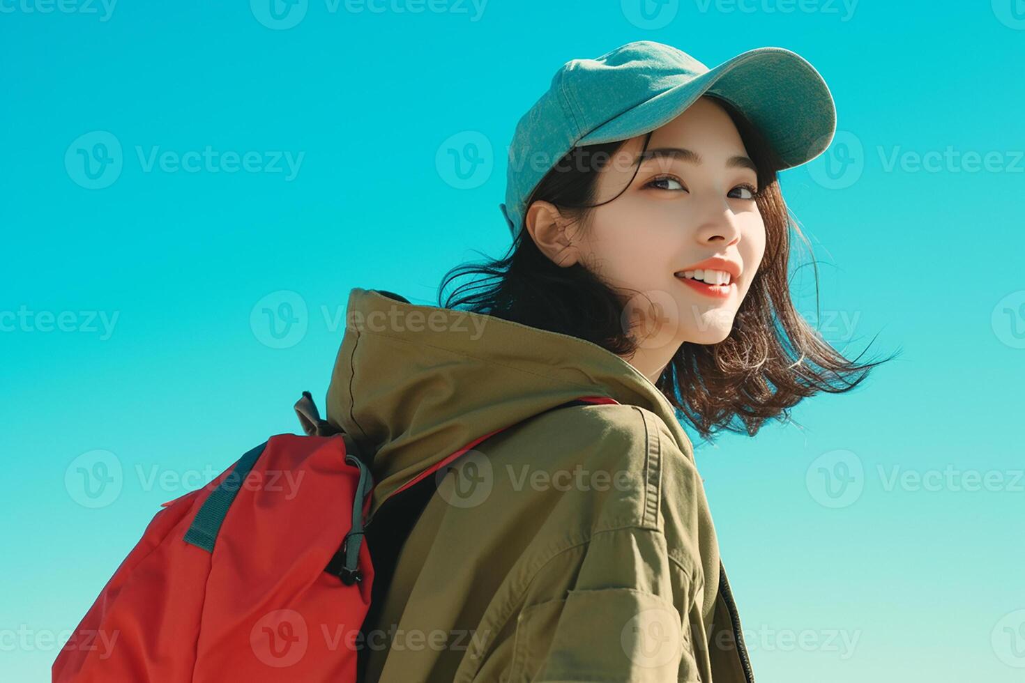 A woman wearing a hat and a backpack photo
