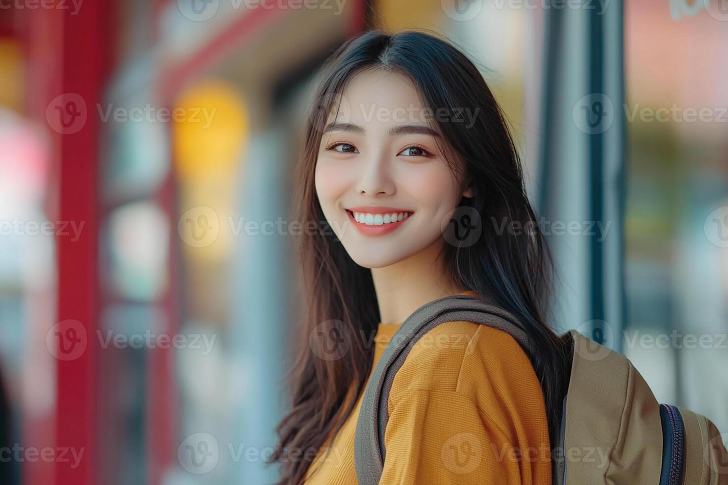 Asian woman with backpack smiling in front of red building photo