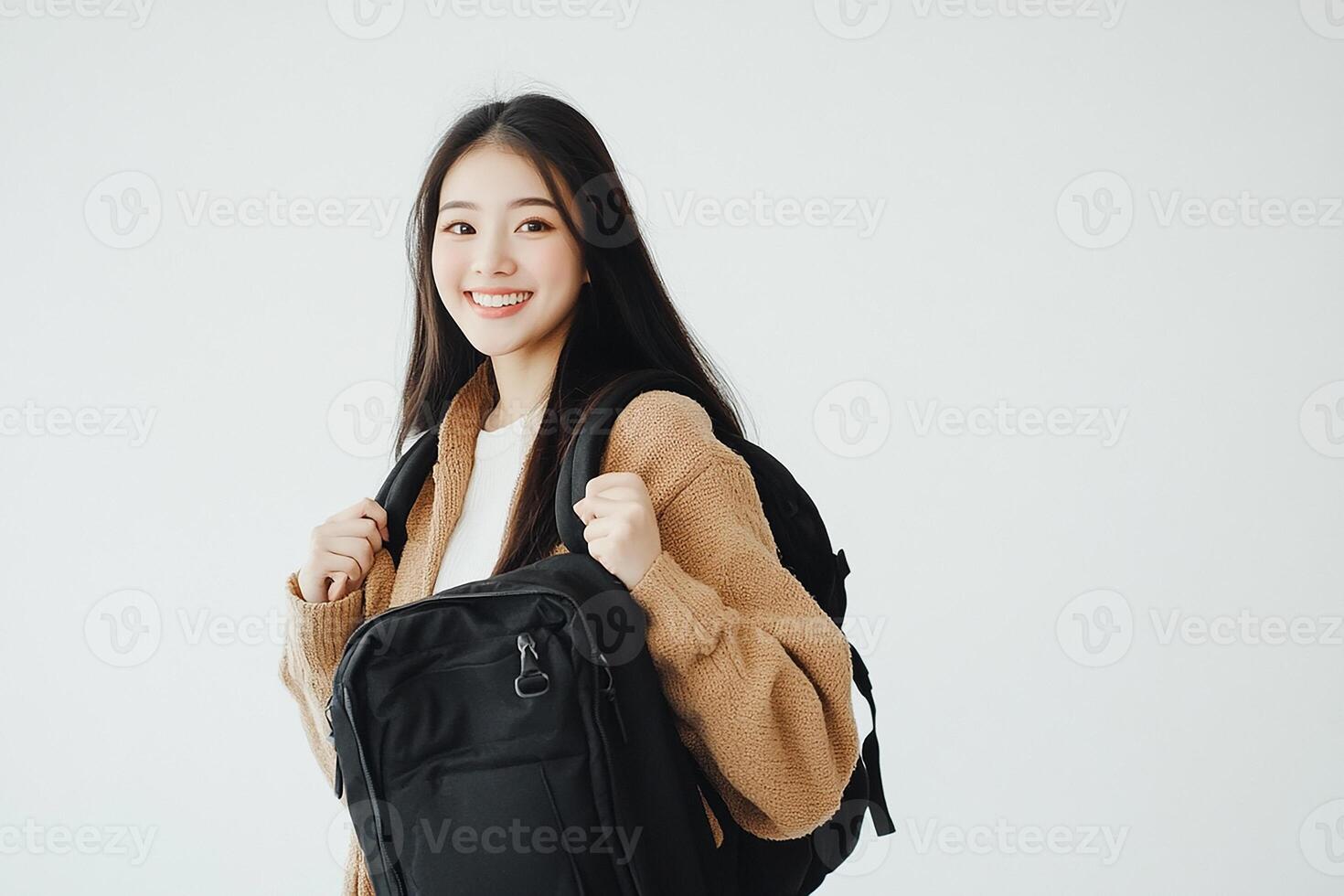 Asian woman with backpack on white background photo
