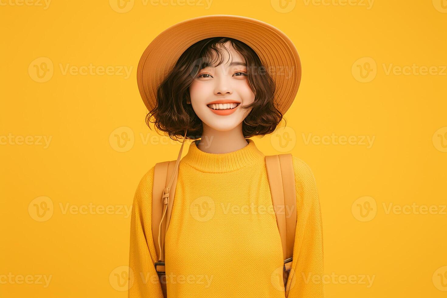 Portrait of happy young woman in yellow sweater and hat on yellow background photo