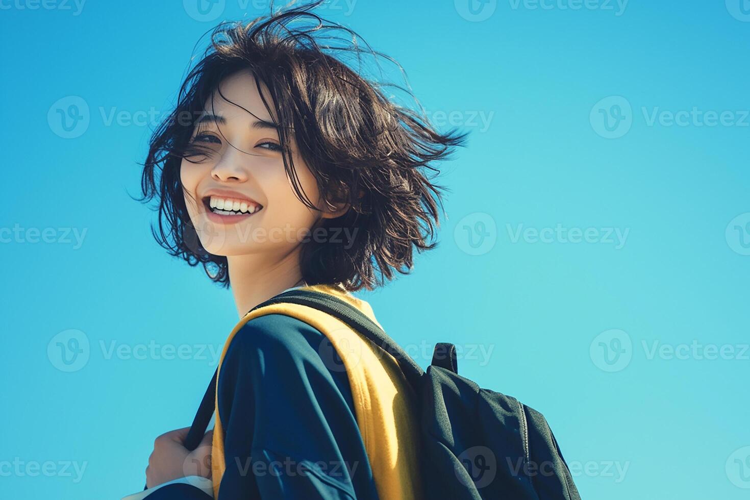 A woman with a backpack and a smile photo