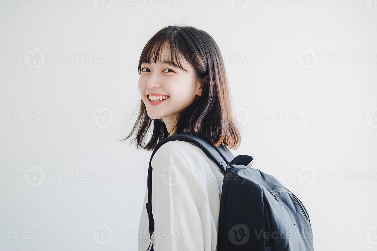 Asian woman with backpack smiling photo