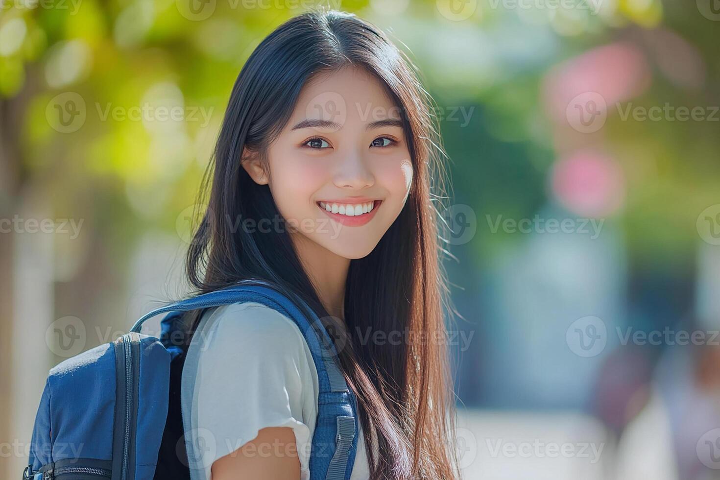 Asian girl smiling with backpack photo