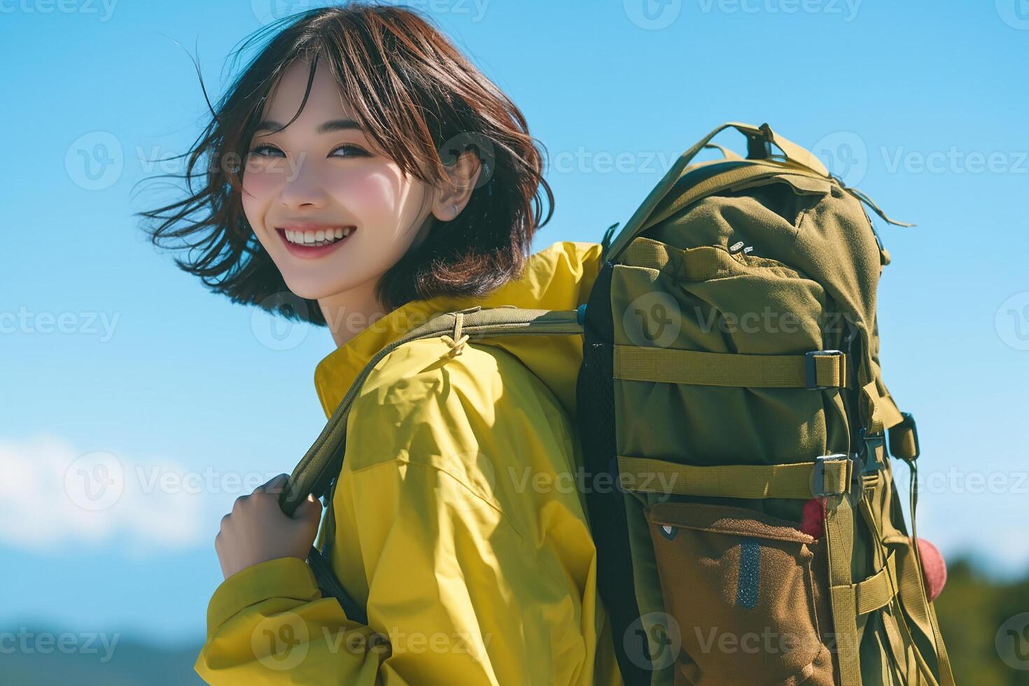 A woman with a backpack smiles while standing on a mountain photo