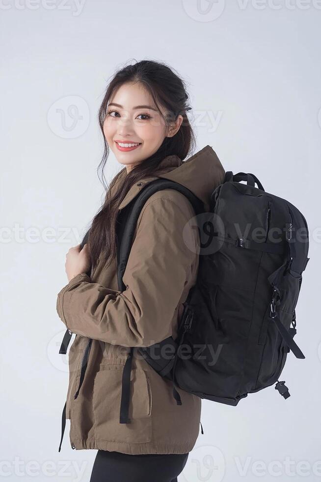 A woman in a jacket and pants is smiling with a backpack photo