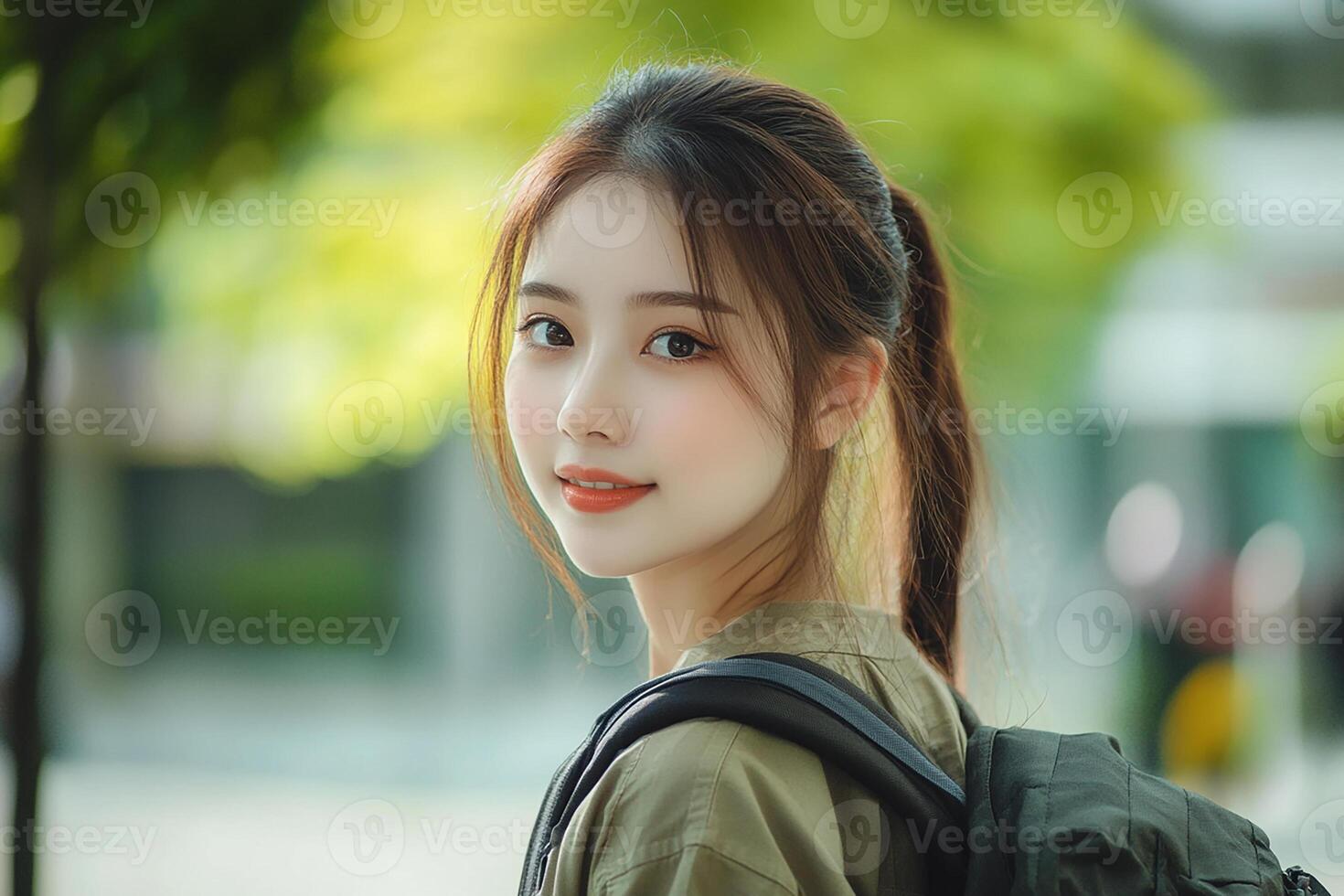 A beautiful young woman with a backpack photo