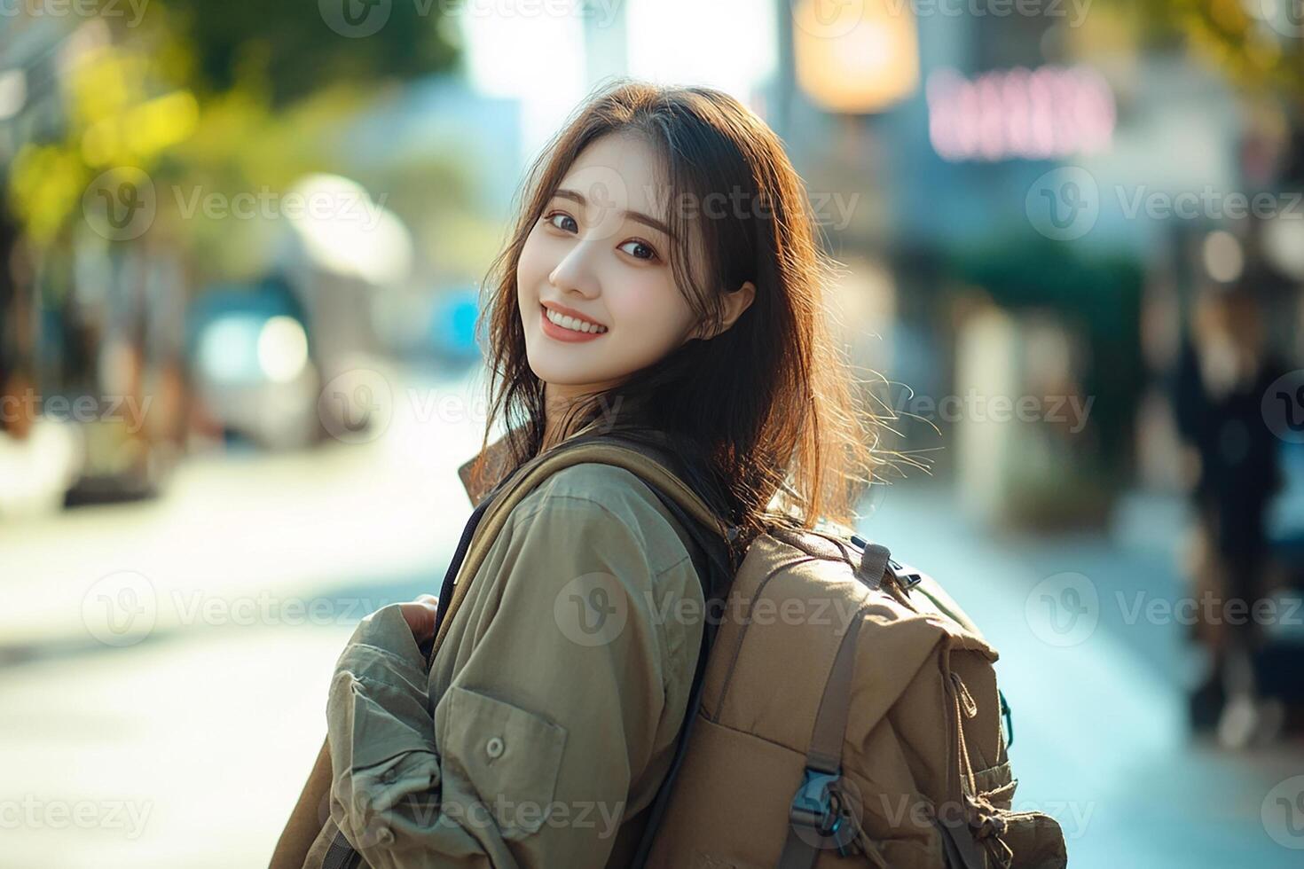 A young woman with a backpack standing on a street photo