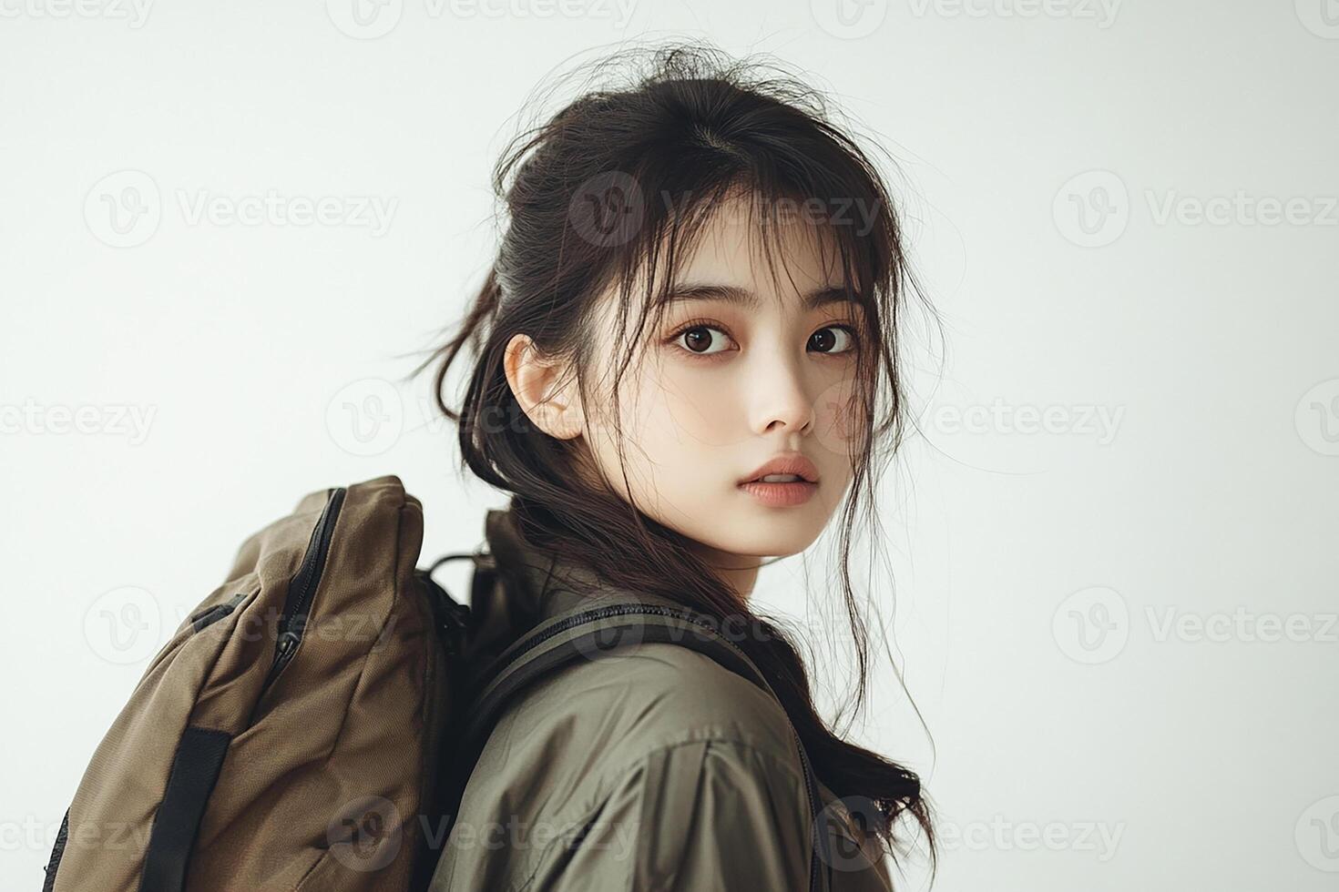 A young woman with a backpack on her back photo