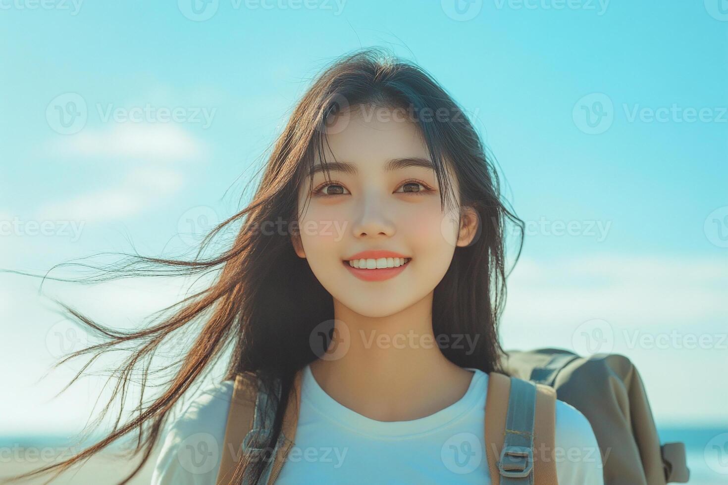 A beautiful young woman with a backpack on the beach photo