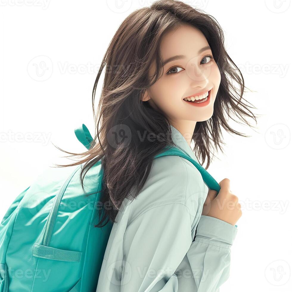 A woman with a backpack smiling and posing photo