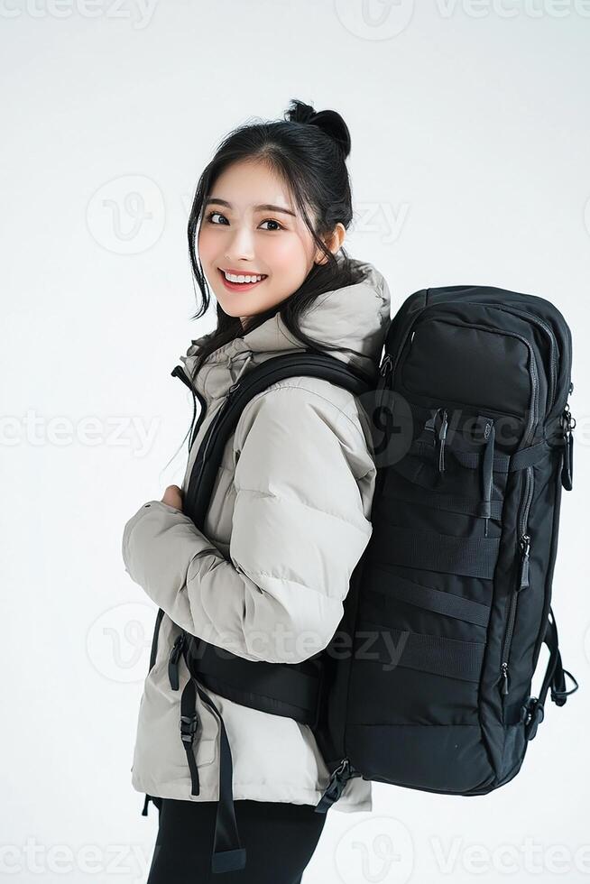 A woman in a jacket and pants is holding a backpack photo
