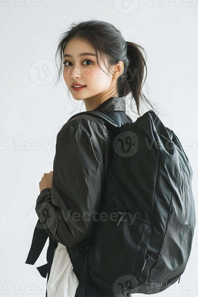 A woman wearing a black backpack with a white background photo