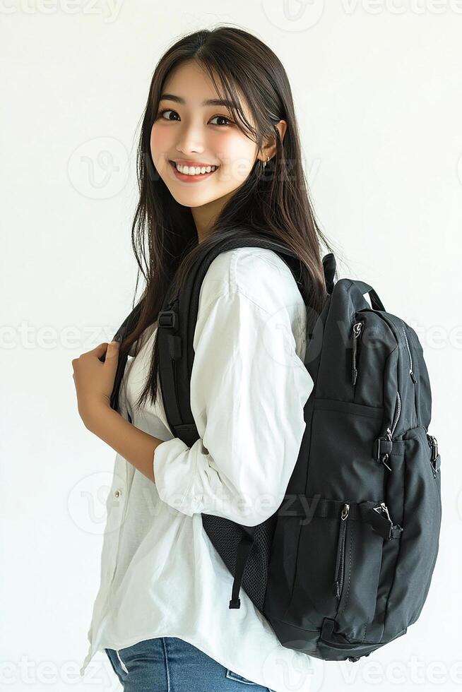 A woman with a backpack smiling photo