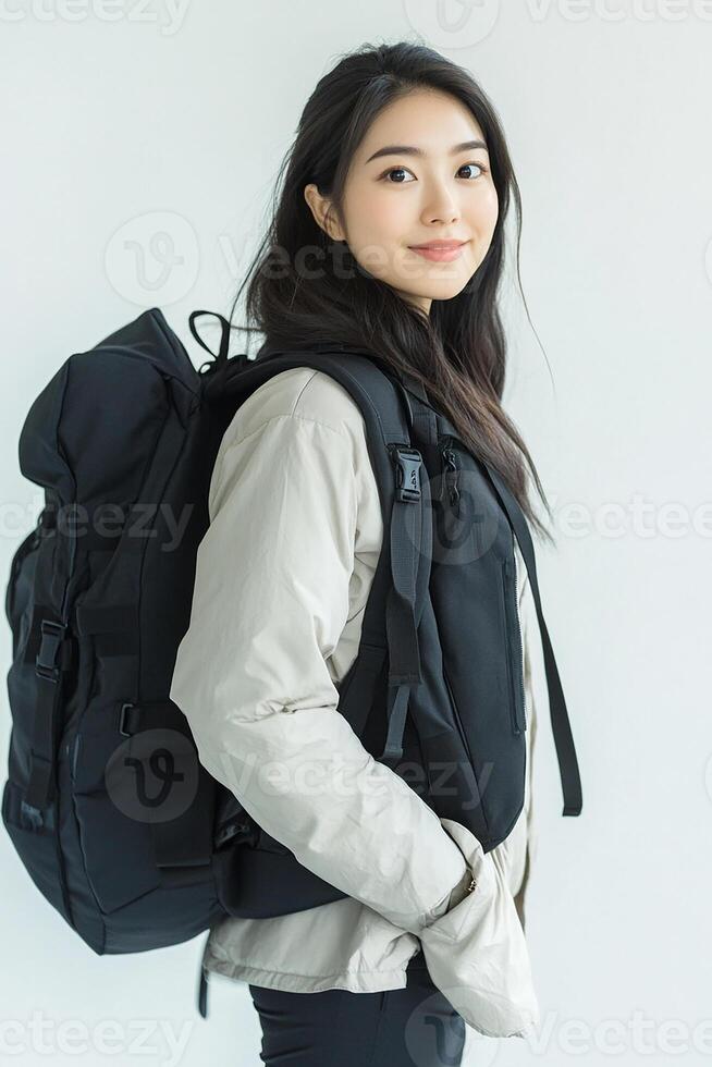 A woman with a backpack standing in front of a white wall photo