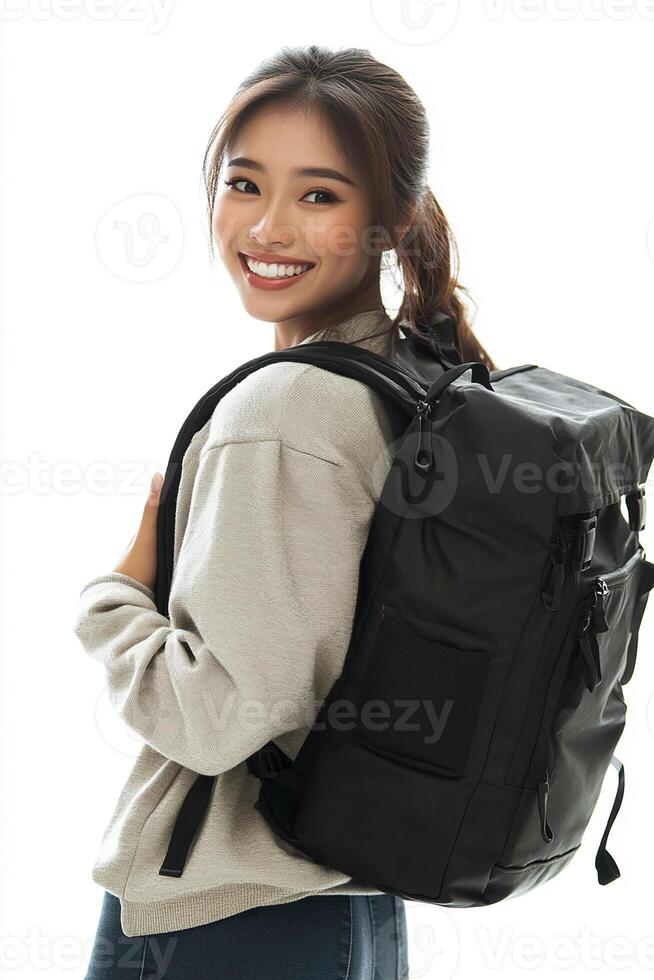 A woman is smiling with a black backpack photo
