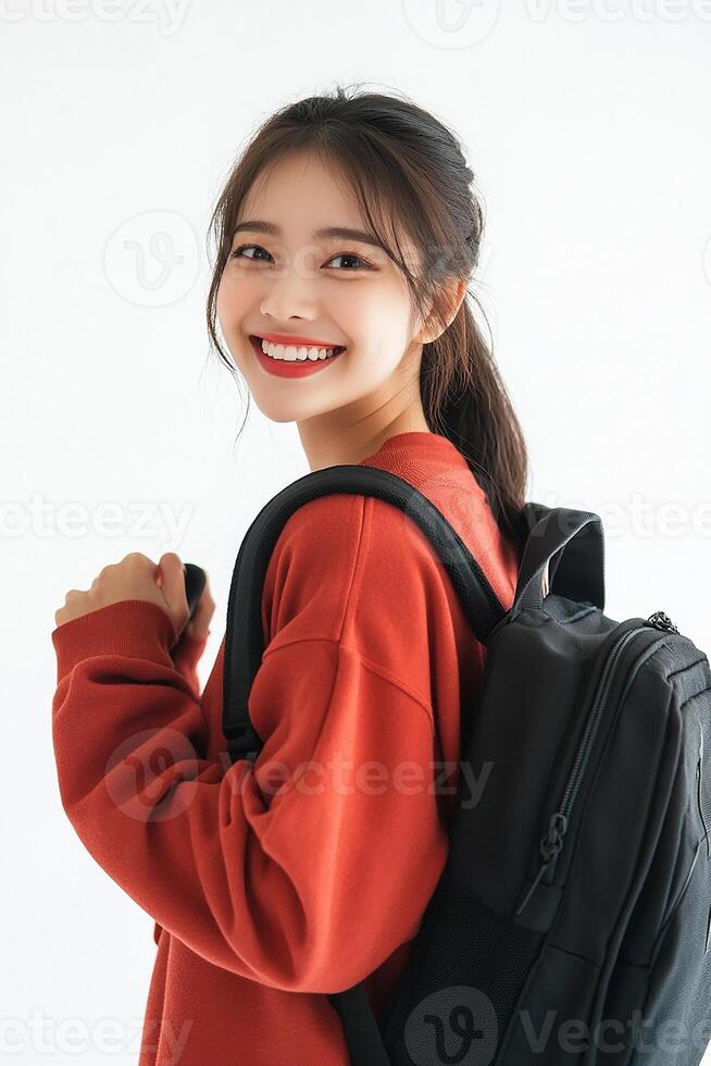 Asian woman with backpack smiling and posing photo