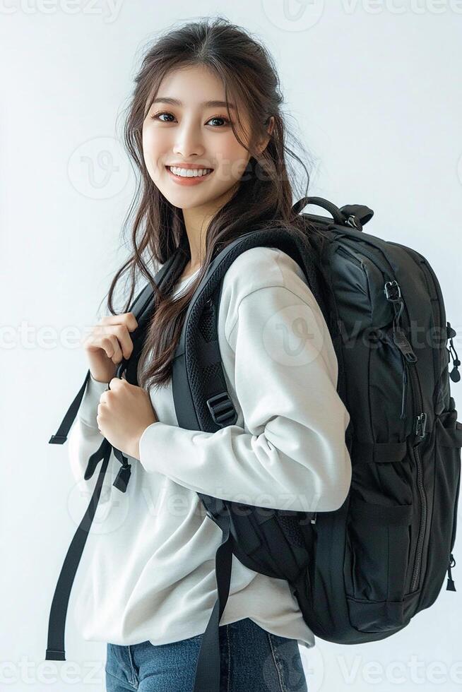 Asian woman with backpack photo