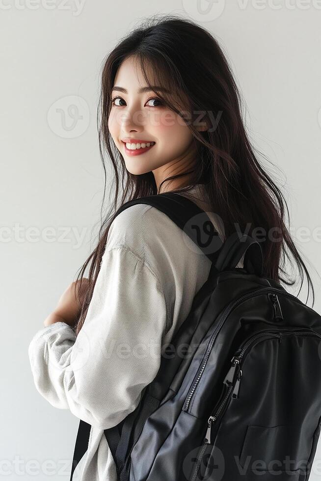 Asian woman with black backpack photo