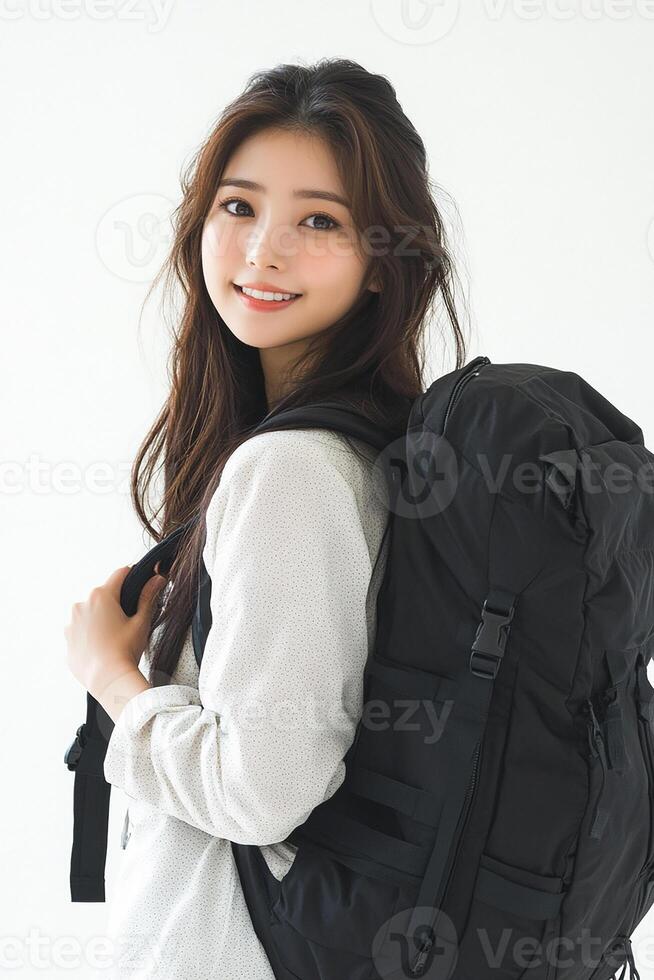 A woman with a backpack posing for a photo