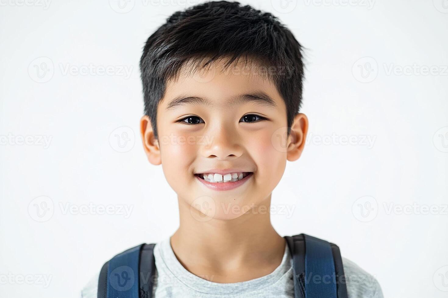 A young boy with a backpack smiling photo