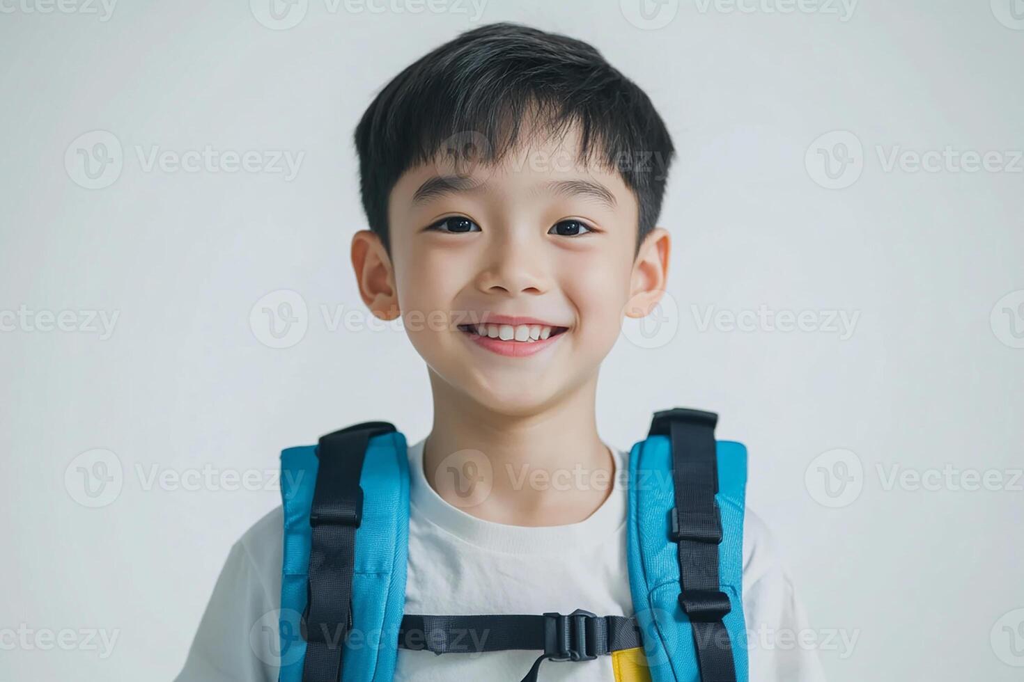 A young boy with a backpack smiling photo